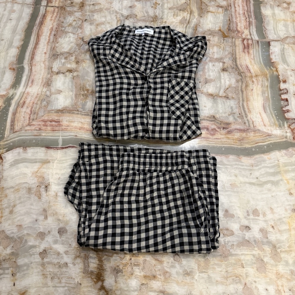 WeWoreWhat Gingham Pajama Set Women's Medium Black White Button Top Pants